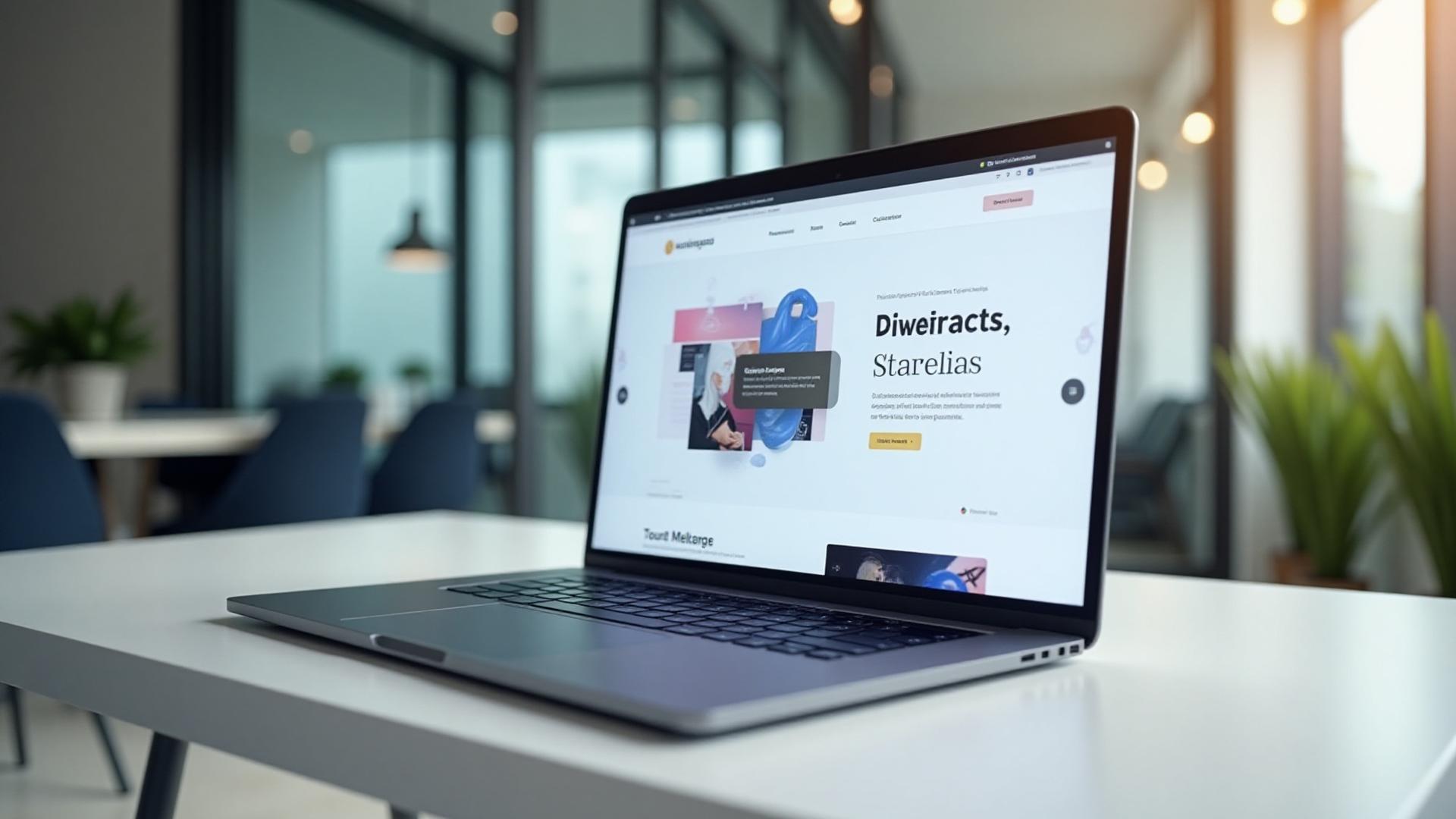 노트북 화면에 세련되게 디자인된 온라인 포트폴리오 웹사이트를 보여주는 모습